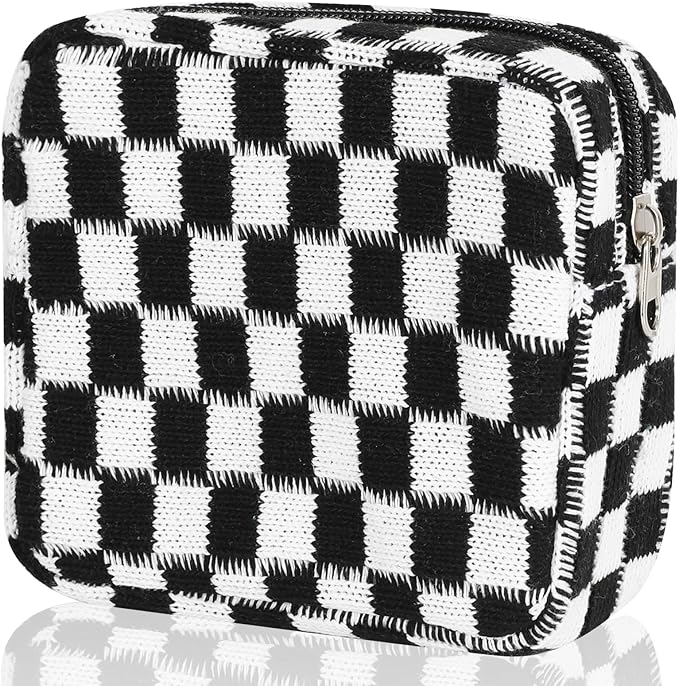CekPo Sanitary Napkin Storage Bag, Menstrual Pad Zipper Checkered Portable Period Bag Panty Liners, Tampon Storage Pouch for Women Ladies Daily Use Storage Purse Travel