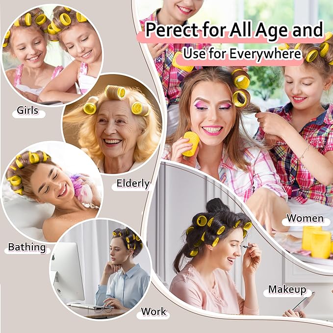 4 Sizes Self-Grip Hair Rollers Set with Clips - 4 Sizes for Long, Short Hair & Bangs (25mm, 36mm, 48mm, 60mm), (Yellow, 4 Sizes)