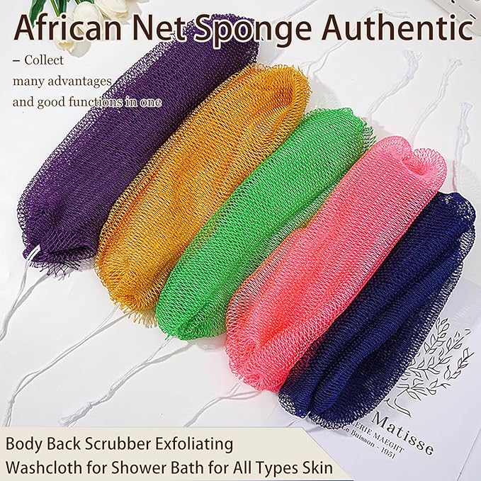 African Net Sponge Authentic, 3 Pieces African Exfoliating Net Sponge Body Back Scrubber Exfoliating Washcloth for Shower Bath for All Types Skin (Purple+Pink+Olive Green, 3 Pcs)