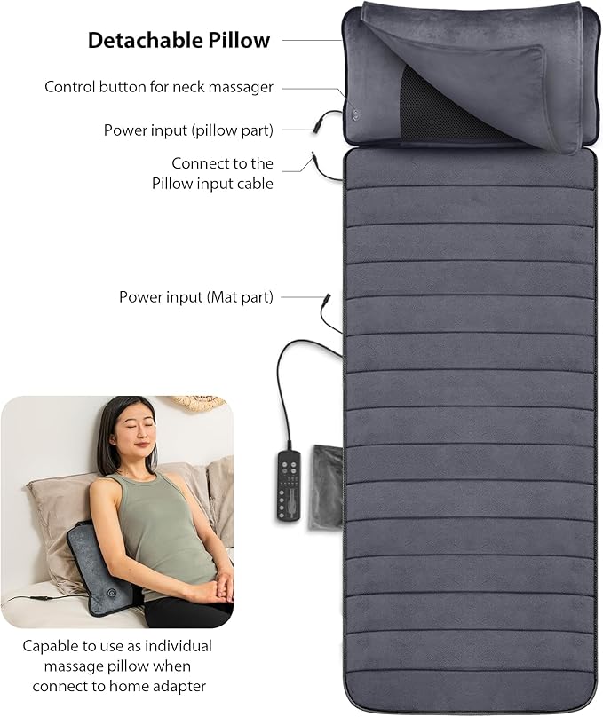 COMFIER Full Body Massage Mat with Movable Neck Pillow, Shiatsu Back Massager with 10 Vibrating Motors & Heat, Massage Pad, Gift for Women Man