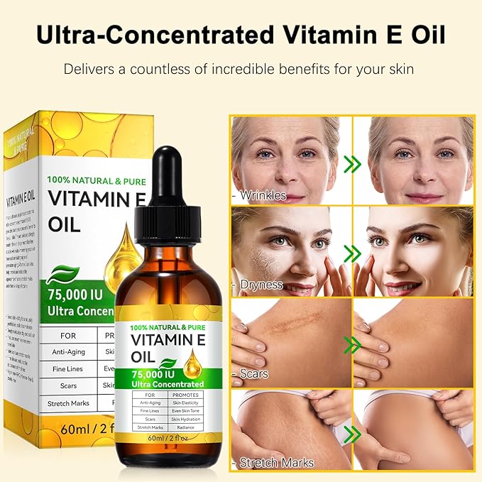 Pure Vitamin E Oil, 75,000 IU Ultra Concentrated & Natural for Smoothing Marks & Wrinkles & Moisturizing Skin & Hair & Cuticles, Cold Pressed/Hexane Free/Non-GMO, 60ML/2Fl Oz