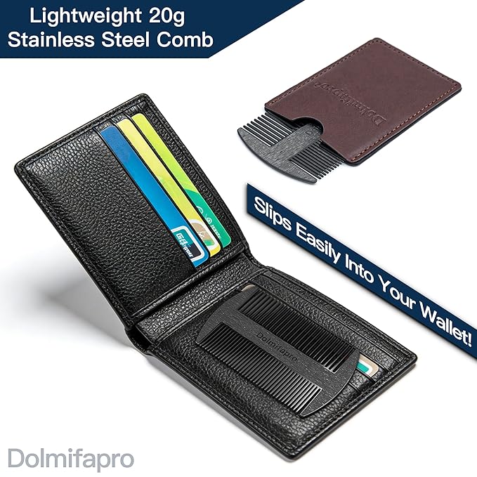 Dolmifapro 304 Stainless Steel Pocket Beard Comb for Men, Anti-Static Dual Fine Coarse Teeth Ultra-Thin Mustache Hair Grooming Comb with PU Leather Case (black)