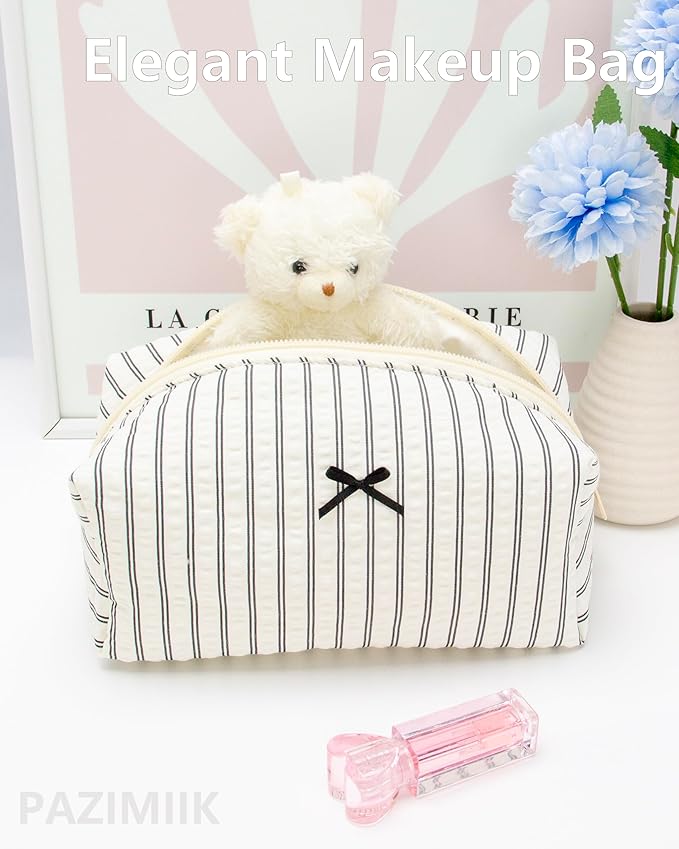 Cozy Makeup Bag for Women,Zipper Cosmetic Pouch,Stripe Black,2 Pack