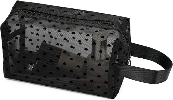 TOPASION Portable Mesh Makeup Bag with Zipper Small Travel Toiletry Bag Lightweight Cosmetic Pouch (Black&Black Heart with Handle)