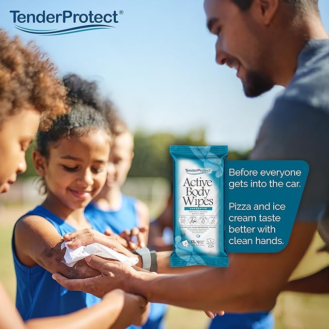TenderProtect Active Body Wipes, XL Rinse-Free Shower Wipe for Adults, 9" x 12" Extra Large, Aloe, No Rinse Bath Wash Cloth - Gym, Sports, Travel, Camping, Elderly Care, Portable 12 Ct Packs (48 ct)
