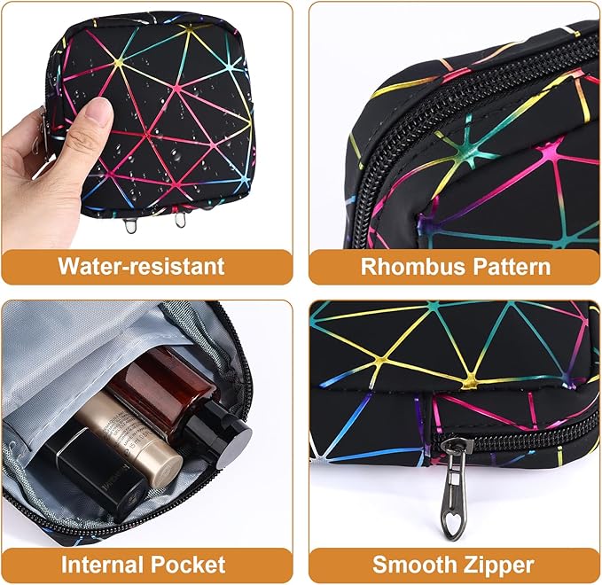 Likesing Period Bag for Teen Girls, Leather Sanitary Napkin Storage Bag, Portable Menstrual Pad Bag Period Pads Pouch, Small Make Up Bags(Colorful,Black)