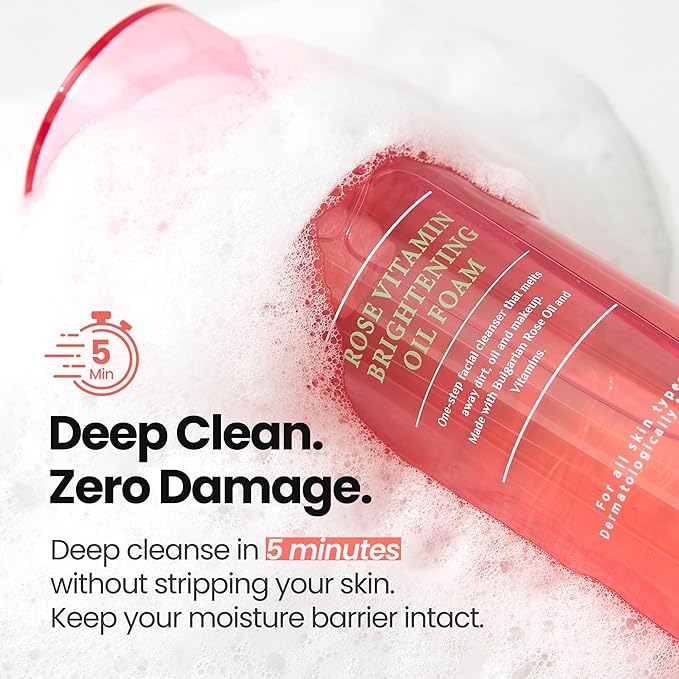 [K-Beauty] Rose Vitamin Revitalizing Oil to Foam - All-in-One Korean Face Wash Oil-Based Foaming Facial Cleanser - Pore Minimizing & Blackhead Remover - Makeup Cleansing for All Skin Types 3.88 fl oz
