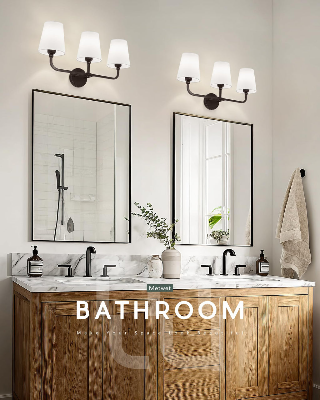 METWET 3-Light Oil Rubbed Bronze Bathroom Vanity Light, White Fabric