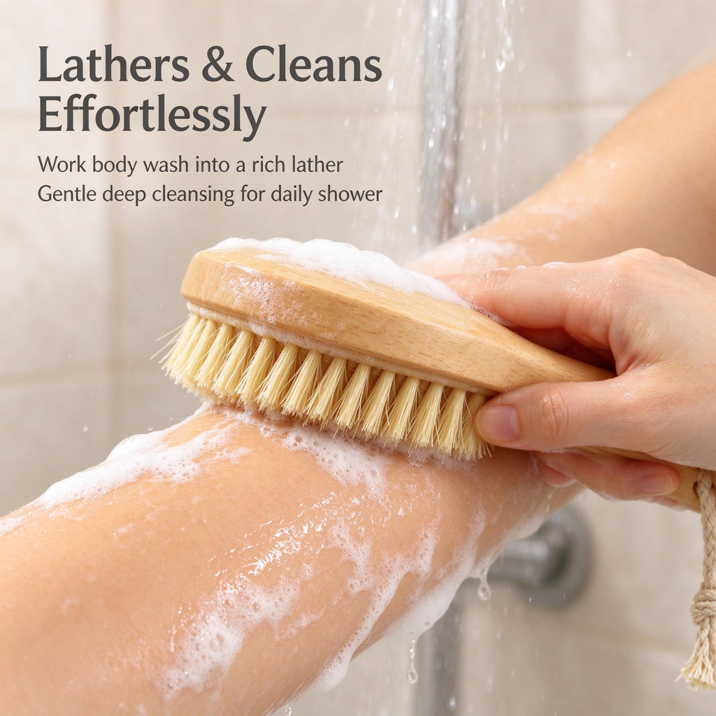 Short Handle Body Brush, Natural Bristles Wooden Bath Brush Shoulder Back Exfoliating Dry Brushing Skin Care