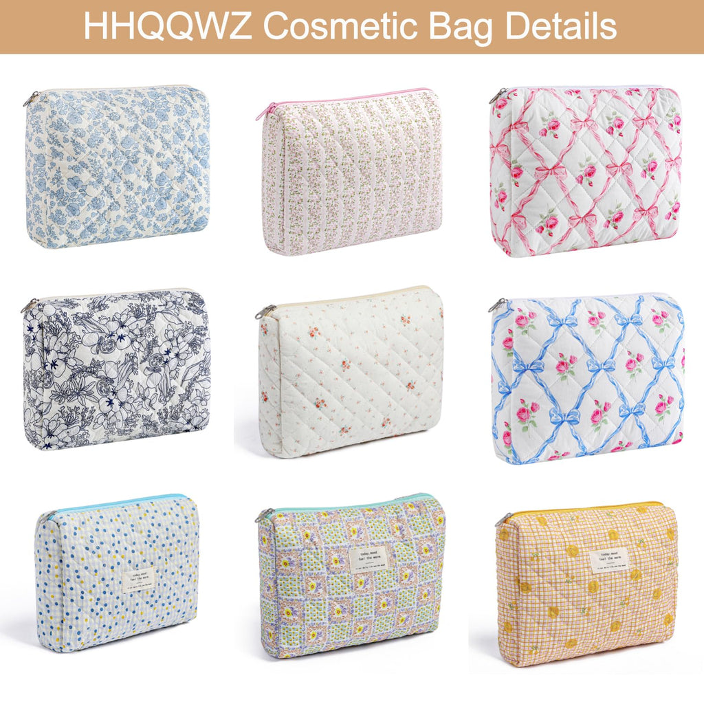 HHQQWZ Makeup Bag Travel Cosmetic Bag for Women Girls, Zipper Make Up Pouch, Floral Flowers Toiletry Organizer Makeup, Portable Storage Cosmetic Travel Cloth Bag (L/Blue Floral)