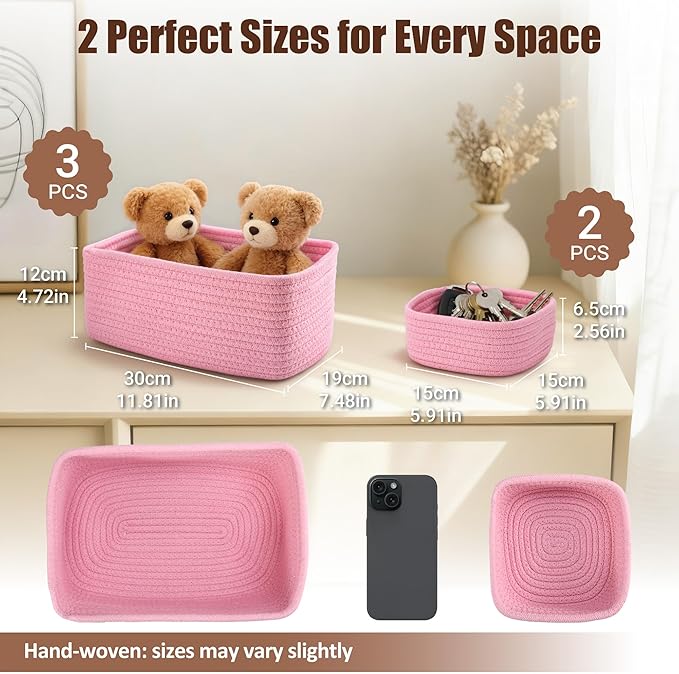 VIRETH HAUS 5-Pack Small Woven Rope Storage Baskets – 2 Sizes Organizer Bins for Closet, Shelf, Bookshelf, Nursery, Changing Table, Fabric Cube Boxes, Rectangular Shallow Bins for Bathroom, Toy & Home