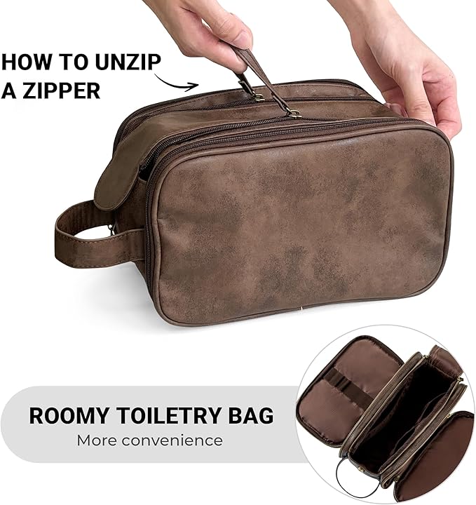 Elviros Travel Toiletry Bag for Men, Shaving Dopp Kit Water-resistant Bathroom Small Toiletries Organizer PU Leather Cosmetic Bags