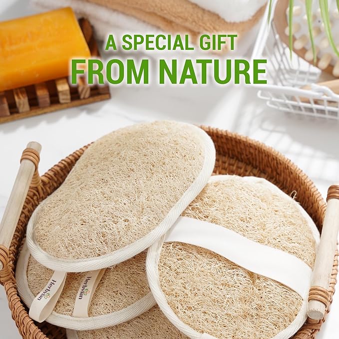 Herbvian Vietnamese Natural Loofah Exfoliating Body Scrubber Pads, 100% Plant-Based Shower Luffa Sponge, Bath Loofah for Women Men (1, Oval 6.5"x4.9")
