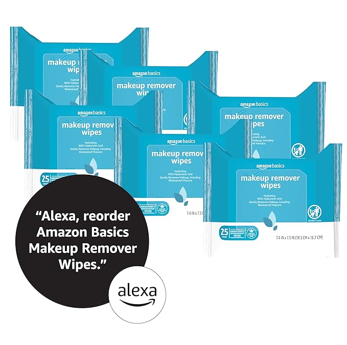Amazon Basics Makeup Remover Wipes, Gentle Cleansing, Dermatologist Tested, Hydrating with Hyaluronic Acid, Plant-Based, Alcohol-Free, Removes Waterproof Mascara, No-Rinse Formula, 25 Count, 6-Pack
