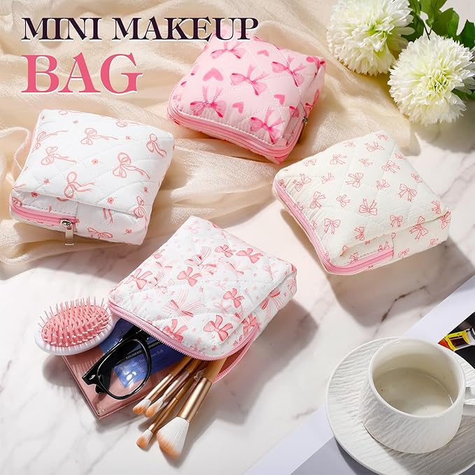 Paterr 4 Pcs Mini Quilted Makeup Bag Cute Pink Bow Cosmetic Bag Coquette Quilted Makeup Pouch with Zipper Cute Travel Toiletry Bags for Women Girls Back to School Teacher Students Gifts