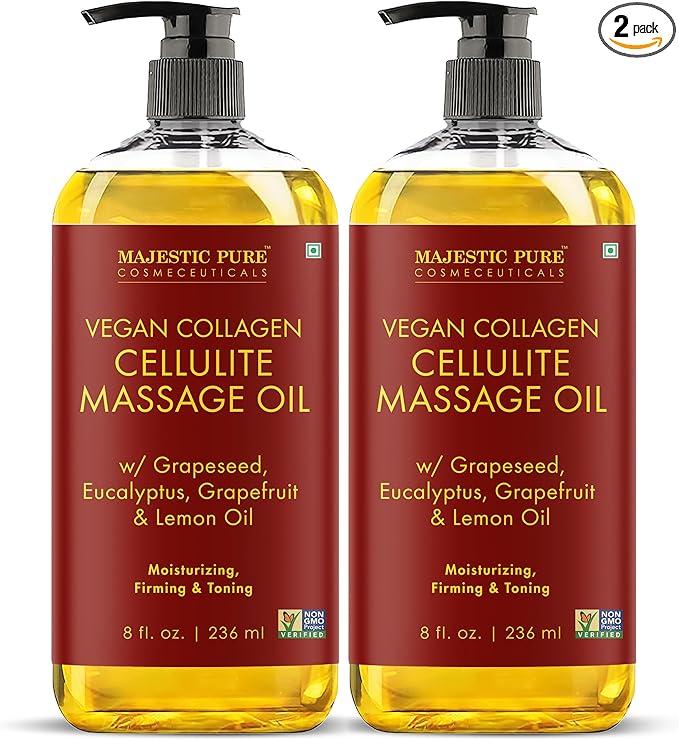 Majestic Pure Cellulite Massage Oil for Massage Therapy- Refreshing and Relaxing- Natural Oils with Grapeseed, Eucalyptus & Lemon Oil- All Skin Types- Men and Women Massage Lotion- 8 fl oz (Pack of 2)