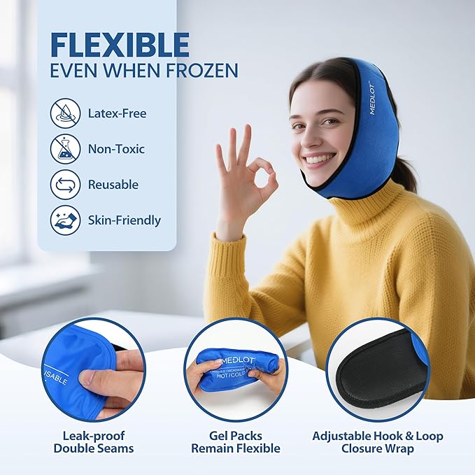 LotFancy Face Ice Pack Wrap for TMJ, Wisdom Teeth, with 4 Reusable Hot Cold Therapy Gel Packs, Pain Relief for Head, Oral and Facial Surgery, Dental Implants, Blue