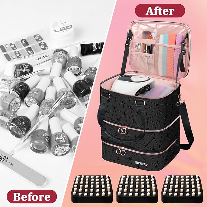 SIYNPAV Nail Polish Organizer Bag Holds 126 Bottles (15ml/0.5fl.oz)& Nail Lamp, 3 Layers Detachable Nail Kit Storage Case PU Leather, Large Travel Nail Supplies Shoulder Bag for Manicure Tools (Black)