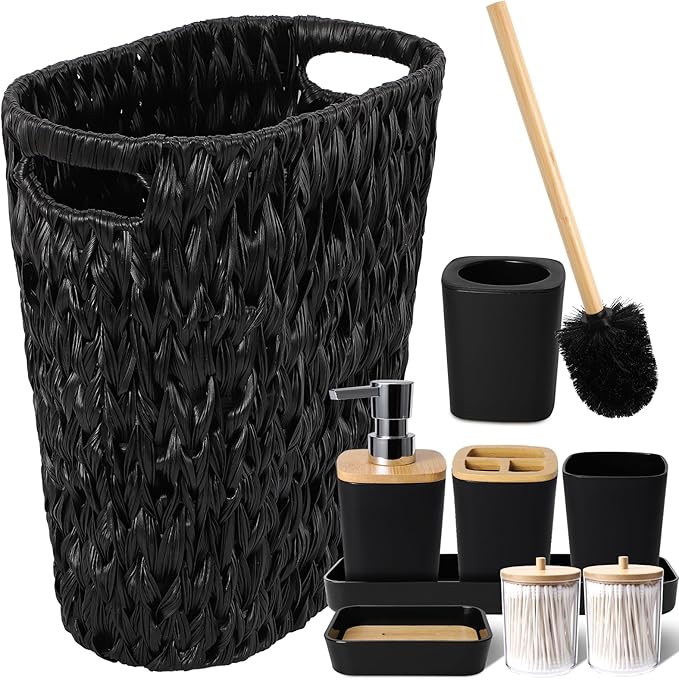 Black Bathroom Accessories Set with Wicker Trash Can, Black Bathroom Accessories Set Bathroom Sets Small Waste Basket Bathroom Trash Can for Bedroom Bathroom