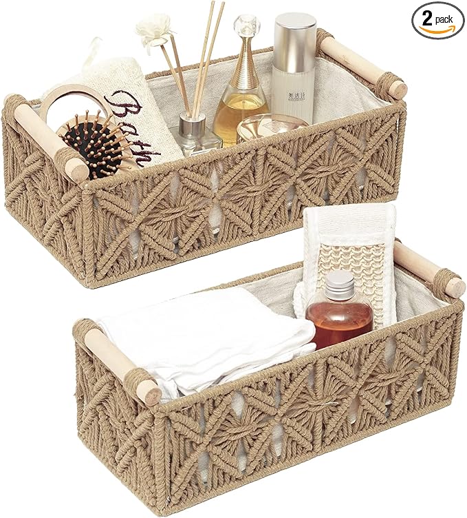 Macrame Storage Basket Boho Decor Baskets for Organizing Woven Decorative Basket for Countertop Toilet Paper Basket for Toilet Tank Top Shelf Basket with Handle for Bathroom Decor Nursery (Set of 2)