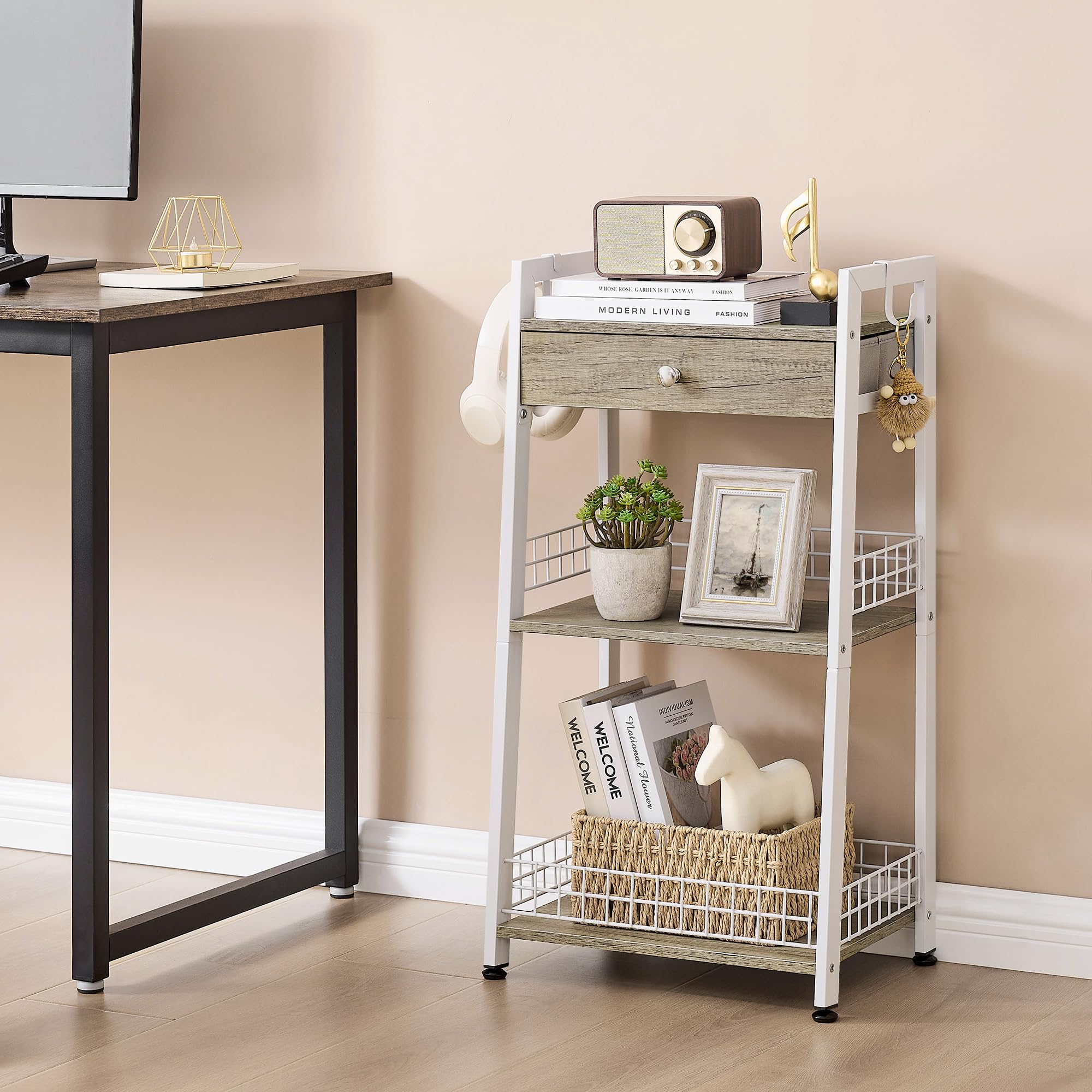 Gewudraw Bathroom Ladder Shelf with Drawer, 3-Tier Bathroom Storage, White