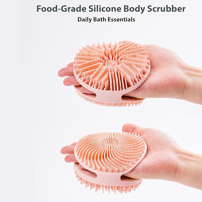 MtBoi 2 Pack Silicone Exfoliating Body Scrubber, Silicone Body Brush, Soft Silicone Loofah for Sensitive Skin, Shower Head Massager, Easy to Clean, Lathers Well(Pink&Black)