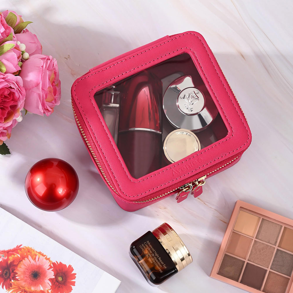 Aveniee Mini Clear Makeup Bag, Small Cosmetic Bags Travel Toiletry Pouch Organizer, TSA Approved Make up Case with Zipper, Car Bag for Essentials,Hotpink