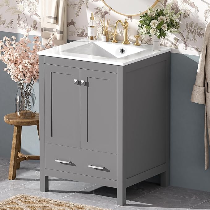 Bellemave 24" Bathroom Vanity with Sink Combo Set, Solid Wood Frame Bathroom Storage Cabinet with a Drawer, 2 Soft Closing Cabinet Doors with Organizer, Grey