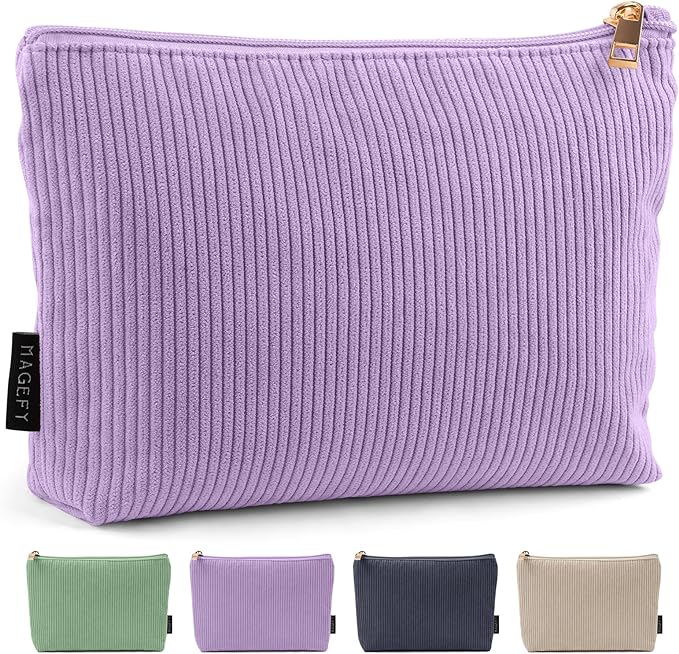 MAGEFY Small Makeup Bag for Purse Corduroy Makeup Bag with Inner Zipper Pockets Travel Cosmetic Bag for Women Preppy Stuff Gifts for Her, Purple