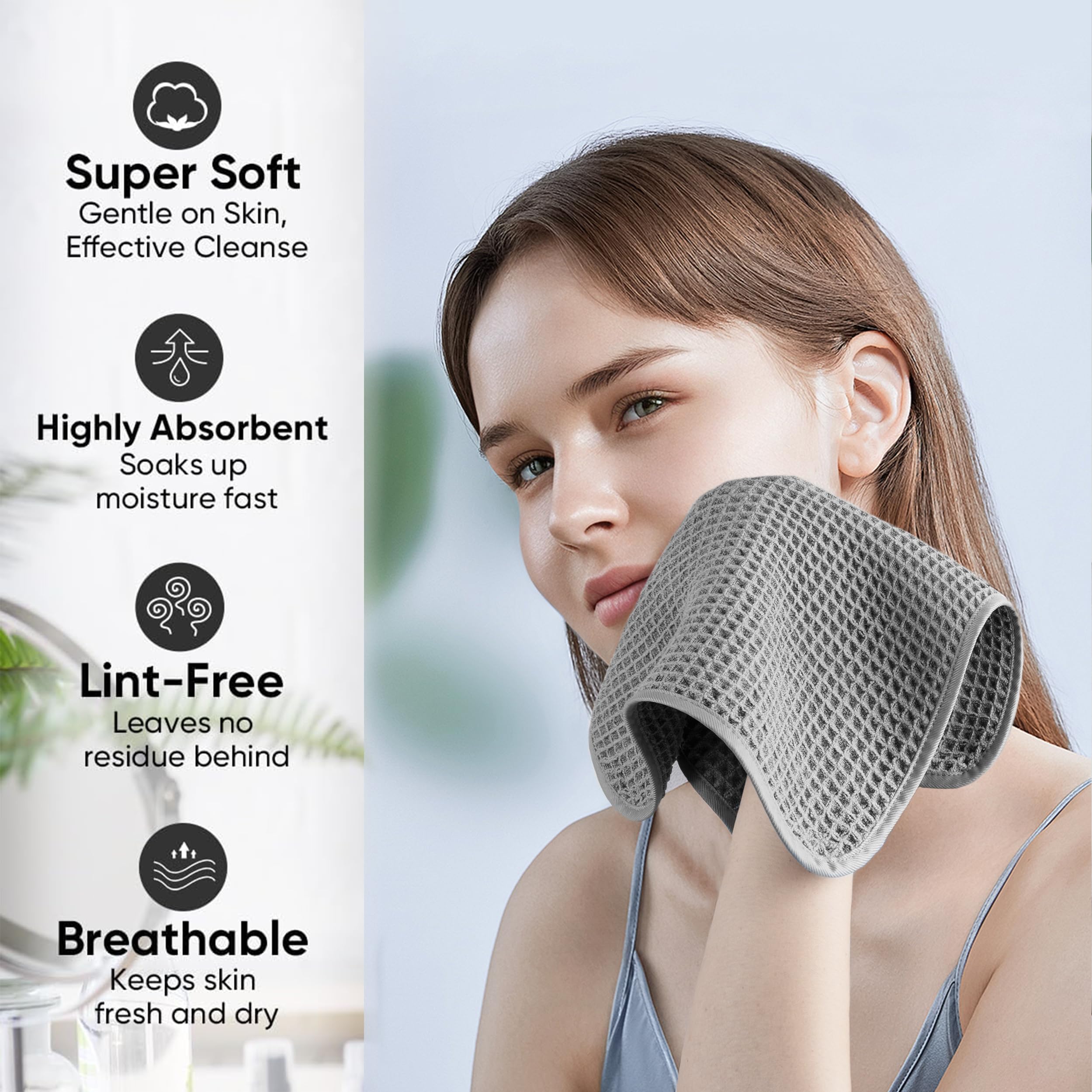 Microfiber Waffle Face Towels, 4 Pieces, Soft, Absorbent, Fast Drying, Lint Free 430 GSM (Gray)