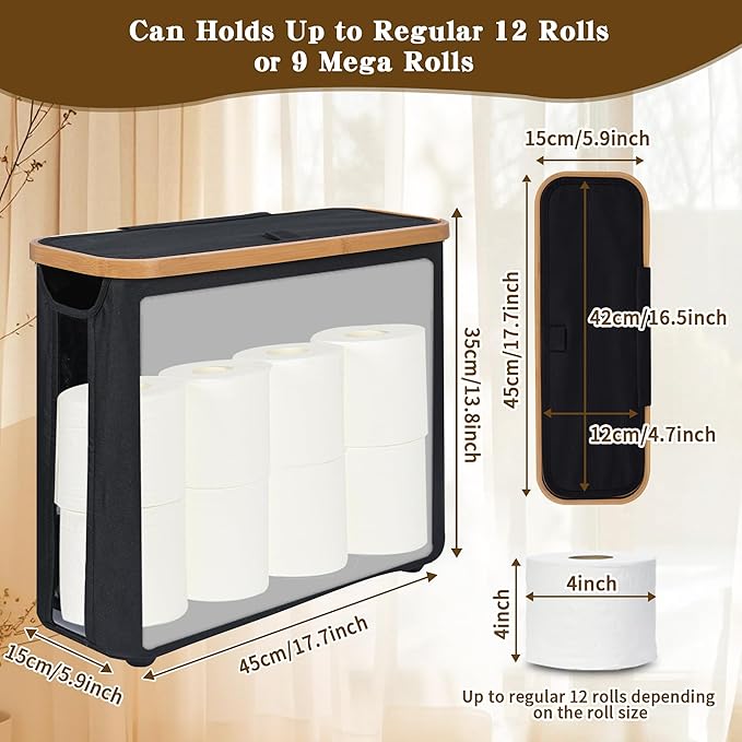 Toilet Paper Storage Basket with Lid - The Ultimate Bathroom Organizer, Free Standing Toilet Paper Holder for Up to 9 Mega Rolls, Toilet Tissue Storage Bin with Handle for RV Closet, Black