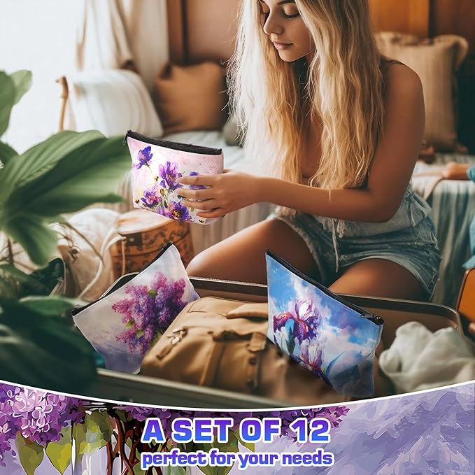 Sweetude 12 Pcs Purple Flowers Makeup Bags Bulk Purple Portable Travel Cosmetic Bag with Zipper Oil Painting Floral Waterproof Roomy Travel Toiletry Organizer Storage Beauty Pouch for Women Gifts