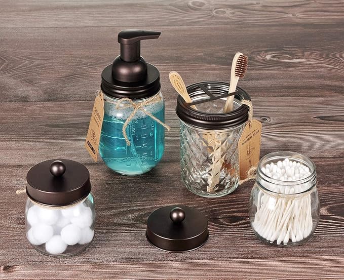 Amolliar Mason Jar Foaming Soap Dispenser Pump Lid, Refillable Plastic Pump, Rustproof Stainless Steel Lid for Regular Mouth Jar, Cute Farmhouse Decor, Hand Soap for Bathroom, Kitchen, Bronze 4 Pack