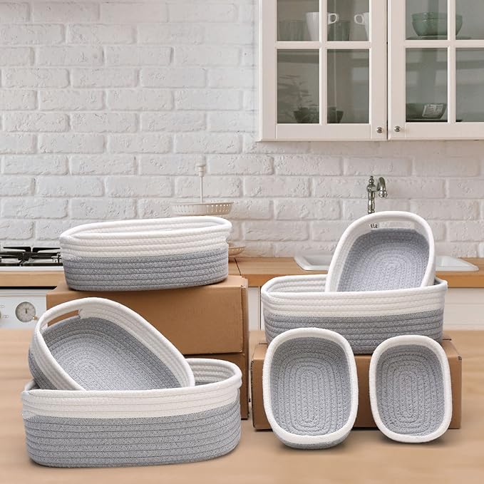 HLWDFLZ 7 Piece Cotton Rope Woven Basket Set - Small Basket for Baby Nursery, Pets, Montessori, Dog & Cat Toy Boxes, Bathroom Organization Bins (White/Gray)