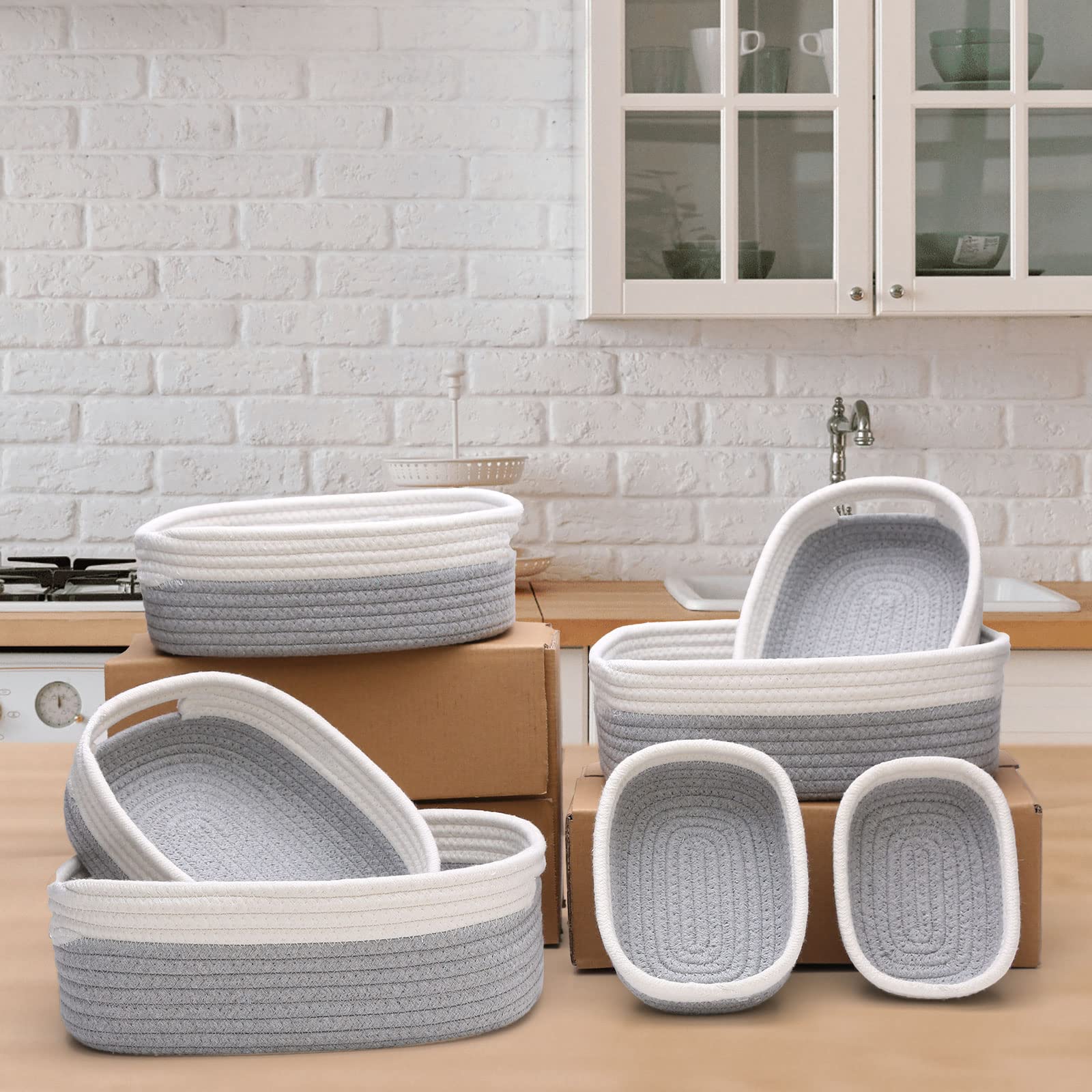 HLWDFLZ 7 Piece Cotton Rope Woven Basket Set - Small Basket for Baby Nursery, Pets, Montessori, Dog & Cat Toy Boxes, Bathroom Organization Bins (White/Gray)