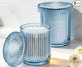 2 Pack Glass Qtip Holder Dispenser Set - Bathroom Organizer for Cotton Swabs, Balls, Pads, Floss Picks - Clear Apothecary Jars for Vanity, Makeup Storage, Bathroom Accessories Decor (Blue)