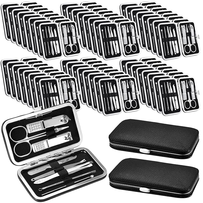 Geosar 50 Set 8 in 1 Travel Manicure Kit Bulk Professional Nail Clippers Pedicure Nail Care Tools Grooming Stainless Steel Set with Portable Travel Case, Gift for Valentine Men Women(Black)