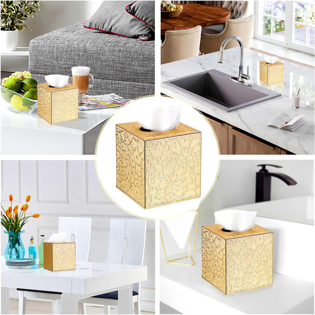 Sumnacon Square Leather Tissue Box Cover - Stylish Cube Tissue Box Holder with Magnetic Bottom, Decorative PU Tissue Box for Vanity Dresser Night Stand Table Countertop Home Office Car, Gold