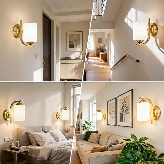 Wall Sconces Lights Lamp for Bedroom Bathroom, Modern Vanity Light Fixtures, Gold Farmhouse Wall Mount Lighting Lanterns with Glass Shade for Living Room Mirror Hallway Kitchen