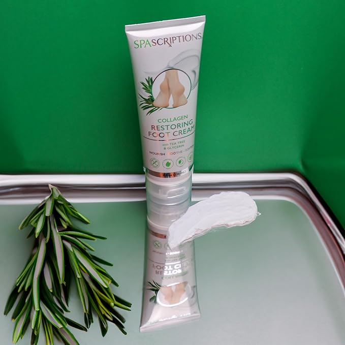 SpaScriptions Collagen Foot Cream For Dry Cracked Feet Repair – Restoring Heel & Foot Moisturizer for Rough Dry Feet with Cooling Tea Tree & Hydrating Glycerin, Paraben Free, 8 fl oz Daily Foot Care