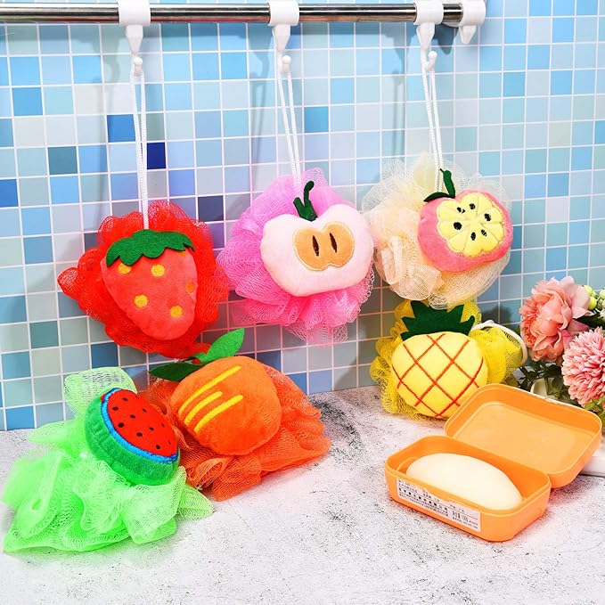 6 Pieces Cute Fruit Bath Shower Sponge Loofahs Mesh Pouf Shower Ball Colorful Cartoon Body Scrubber Balls Shower Mesh for Adults