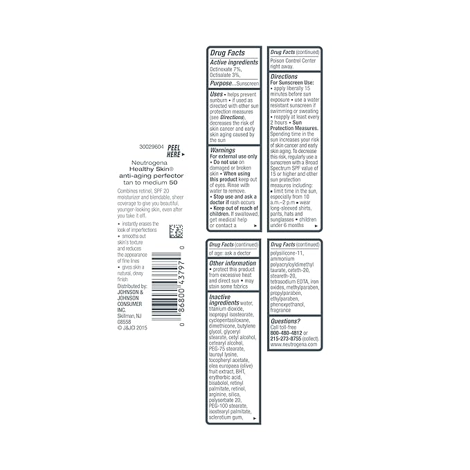Neutrogena Healthy Skin Anti-Aging Perfector Tinted Facial Moisturizer and Retinol Treatment with Broad Spectrum SPF 20 Sunscreen with Titanium Dioxide, 50 Tan to Medium, 1 fl. oz
