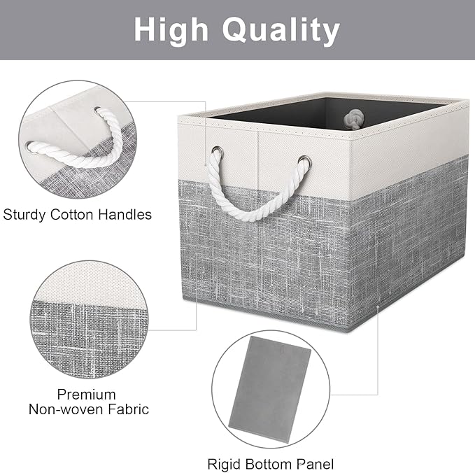 Fab totes Storage Bins [3-Pack], Foldable Storage Baskets for Organizing Toys, Books, Shelves, Closet, Large Storage Box with Rope Handles, Sturdy Organizer Bins, White & Grey