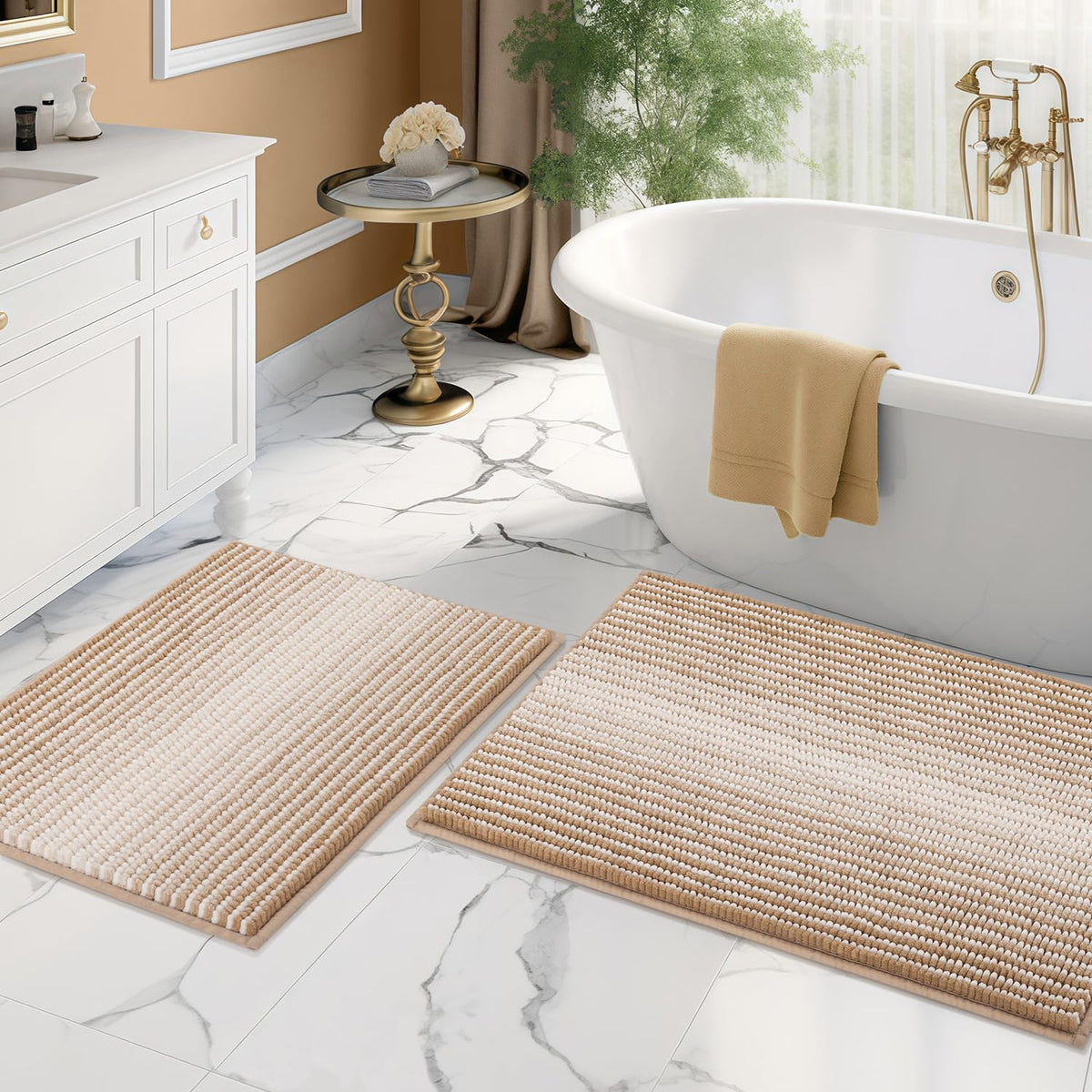 BSICPRO Fall Bathroom Rugs Sets 2 Piece, Non Slip Bath Mats, Sunset Orange