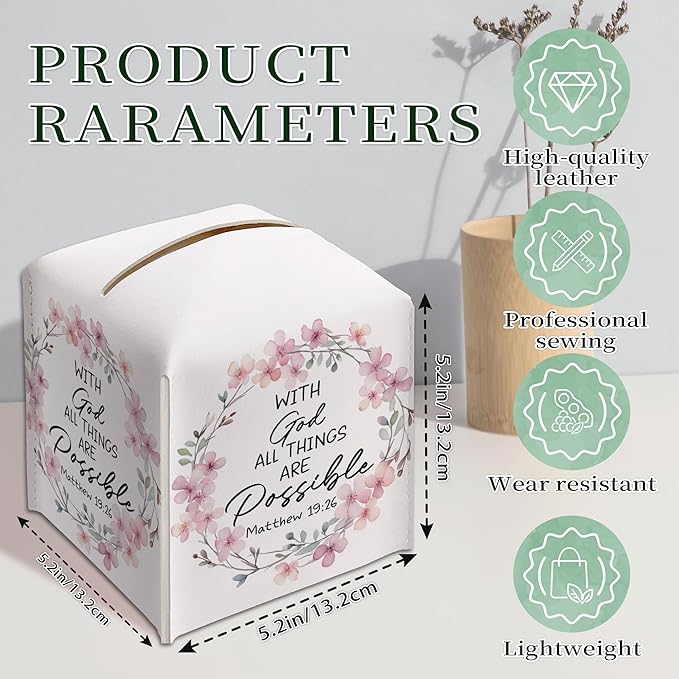 with God All Things are Possible Tissue Box Cover Square, Pink Wreaths Waterproof Leather Tissue Box Holder, Pink Paper Facial Tissue Box Covers Cube for Office Bathroom Home Prayer Room