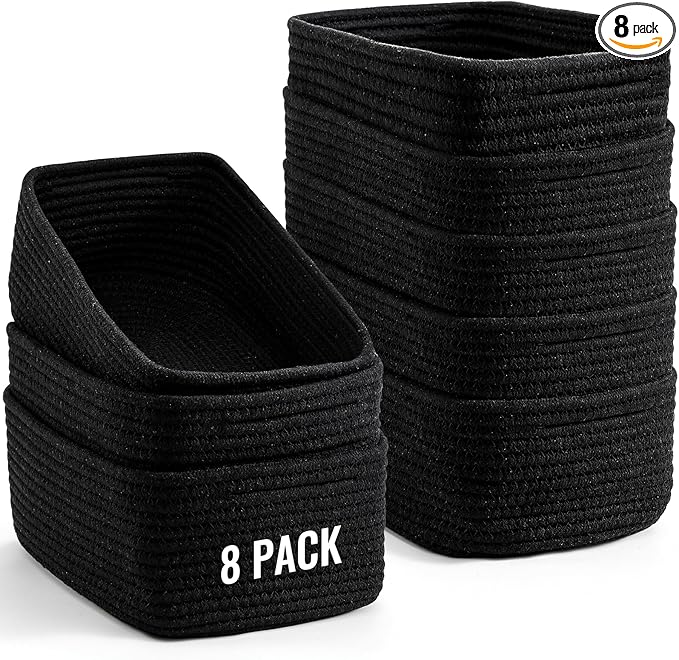 8 Pack Small Storage Baskets for Organizing, Woven Rope Bins for Bathroom, Closet, Shelf Organizer, Cute Cube Decorative Box for Towels, Baby Nursery, Toys, Gift Empty Baskets - 11.5"x7.5"x4.7"-White