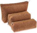 Huhumy 3 Pcs Makeup Bag Set for Women Corduroy Cosmetic Pouch Aesthetic Smile Travel Toiletry Bag Cute Purse Pouch Pencil Case Makeup Brushes Storage Organizer with Zipper(Brown,Solid Style)