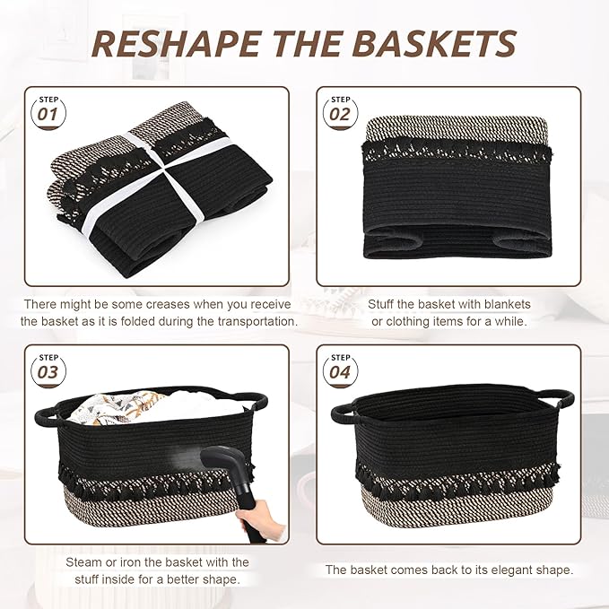 2 Pack Storage Basket for Shelves, Boho Cotton Rope Storage Bins with Heavy Tassel, Shelf Baskets Large Woven Baskets for Organizing, Cube Organizer Bins, Baby Laundry Basket for Clothes, Toys, Pets