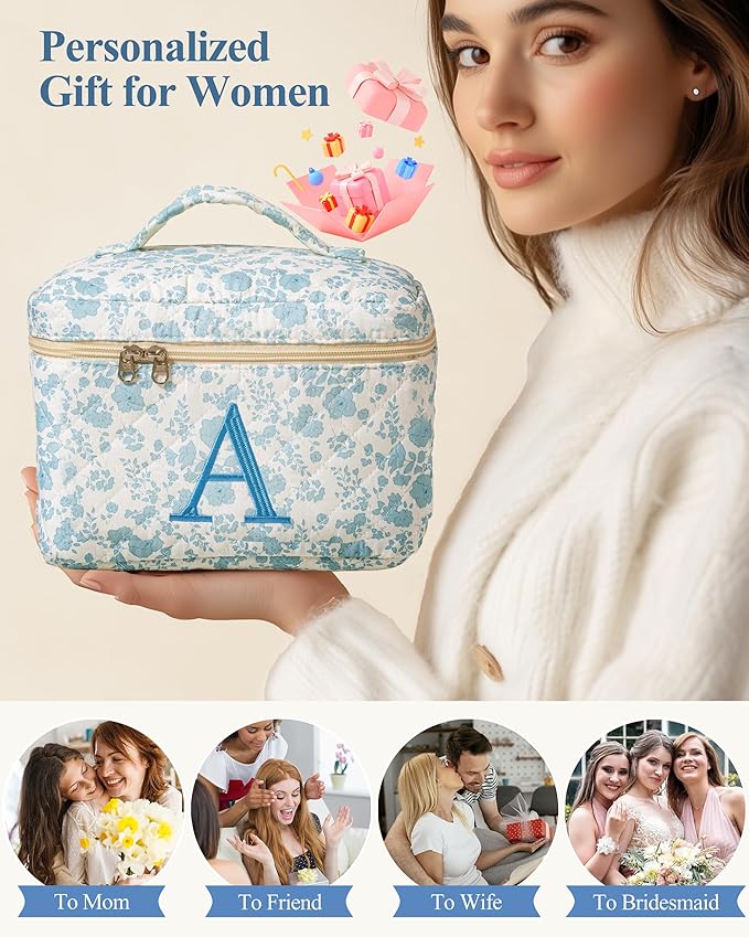 HBselect Initial Quilted Makeup Bag, Cotton Large Travel Make up Bag, Cute Floral Coquette Cosmetic Bag Toiletry Bag for Women Girls A