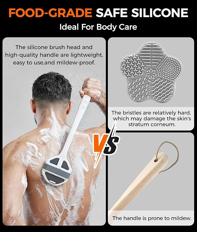 Silicone Body Scrubber with Long Handle, 2 Pack Soft Bristles Lathers Easily for Gentle Exfoliating & Deep Clean, Rich Foam, Durable Back Bath Brush (Grey + Pink)